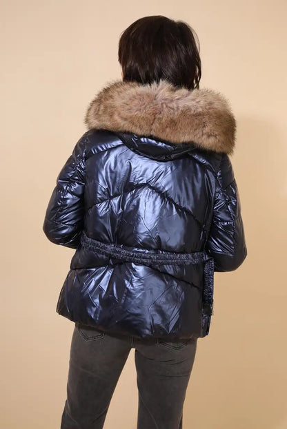 Abrigo corto mujer azul marino metalizado con capucha cálido - CHICA del Sur