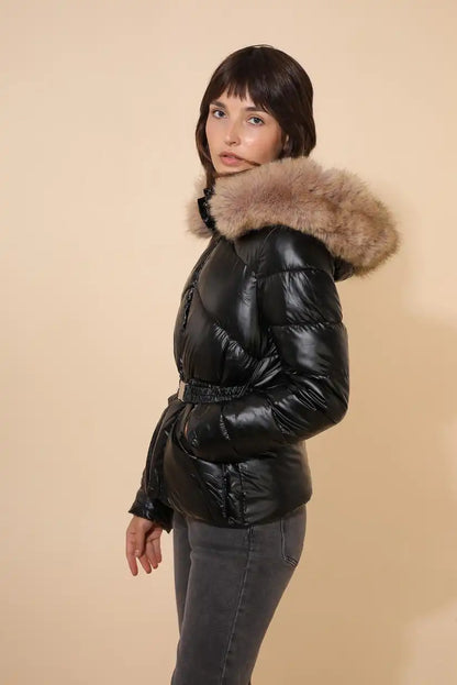 Abrigo corto mujer negro metalizado con capucha desmontable invierno - CHICA del Sur