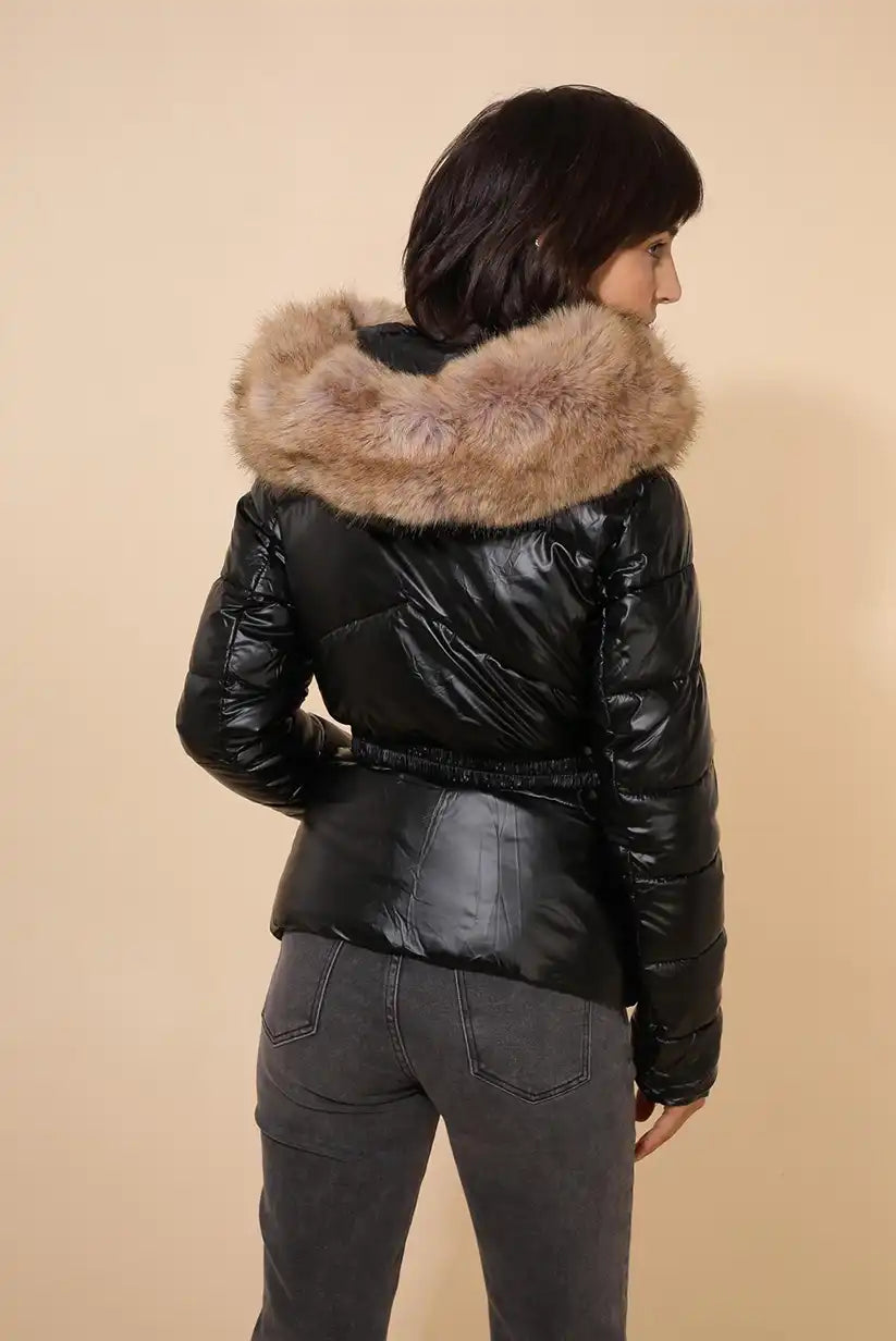 Abrigo corto mujer negro metalizado con capucha desmontable invierno - CHICA del Sur