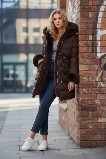 Abrigo acolchado marrón chocolate con pelo “Oslo” - CHICA del Sur