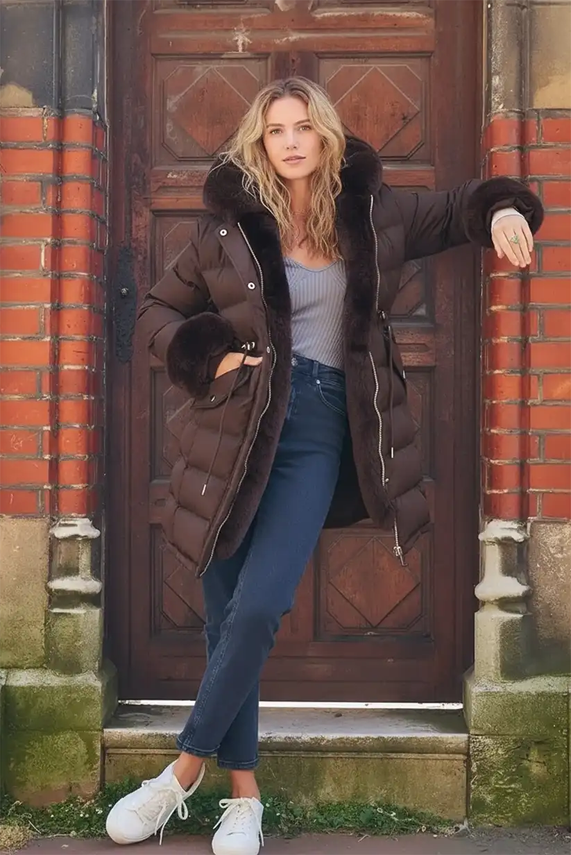 Abrigo acolchado marrón chocolate con pelo “Oslo” - CHICA del Sur