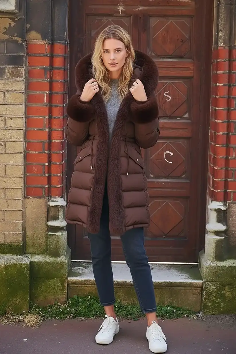 Abrigo acolchado marrón chocolate con pelo “Oslo” - CHICA del Sur