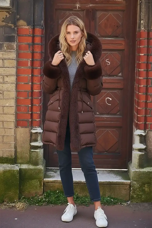 Abrigo acolchado marrón chocolate con pelo “Oslo”