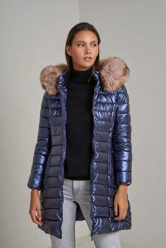 Abrigo Largo Mujer Azul Metalizado Acolchado con Capucha de Pelo - CHICA del Sur