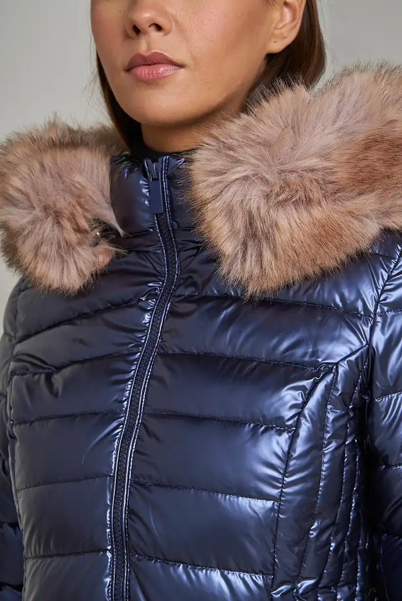 Abrigo Largo Mujer Azul Metalizado Acolchado con Capucha de Pelo - CHICA del Sur