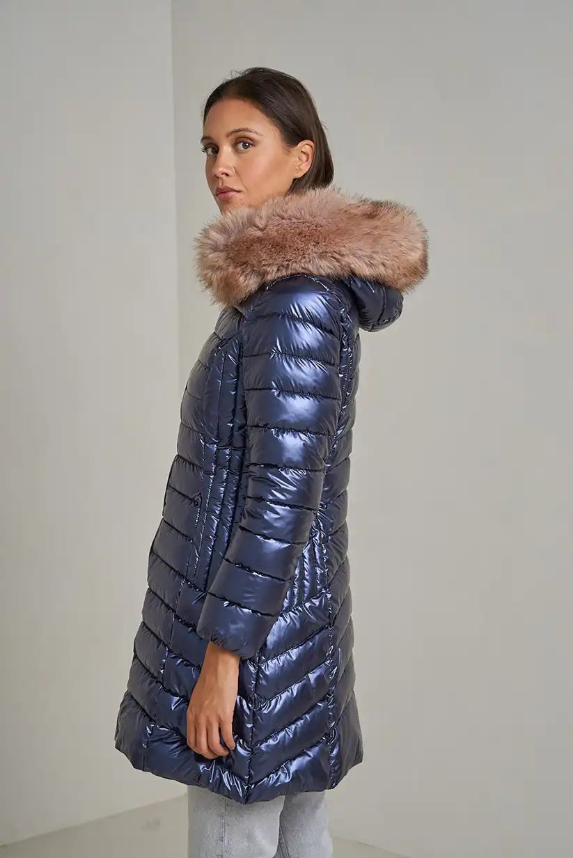 Abrigo Largo Mujer Azul Metalizado Acolchado con Capucha de Pelo - CHICA del Sur