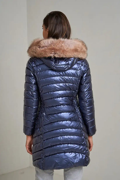 Abrigo Largo Mujer Azul Metalizado Acolchado con Capucha de Pelo - CHICA del Sur