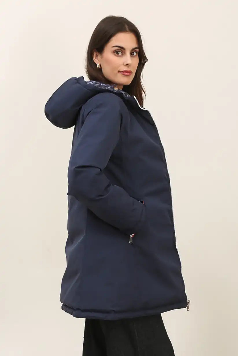 Abrigo Reversible Mujer Azul Metalizado Marino Invierno Cálido Moda - CHICA del Sur