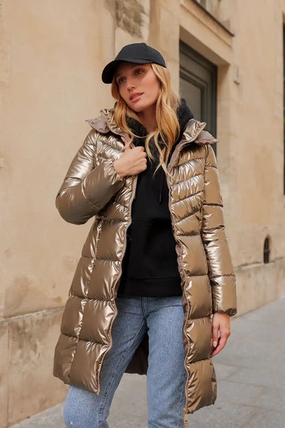 Abrigo Mujer Largo Dorado Metalizado Acolchado - CHICA del Sur