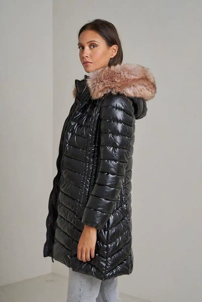 Abrigo Largo Mujer Negro con Capucha Pelo Invierno - CHICA del Sur