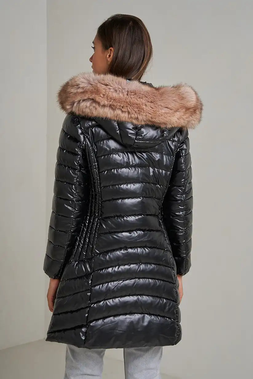 Abrigo Largo Mujer Negro con Capucha Pelo Invierno - CHICA del Sur