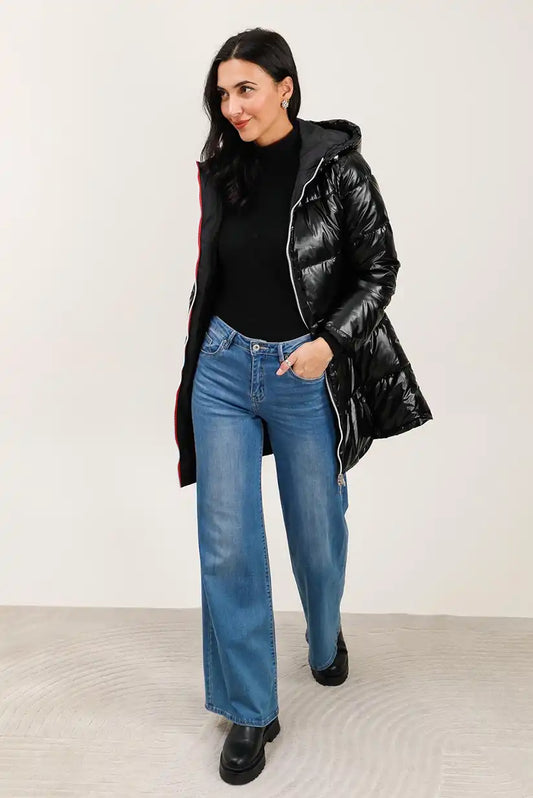 Abrigo Largo Reversible Mujer Negro con Capucha Cálido Ligero - CHICA del Sur