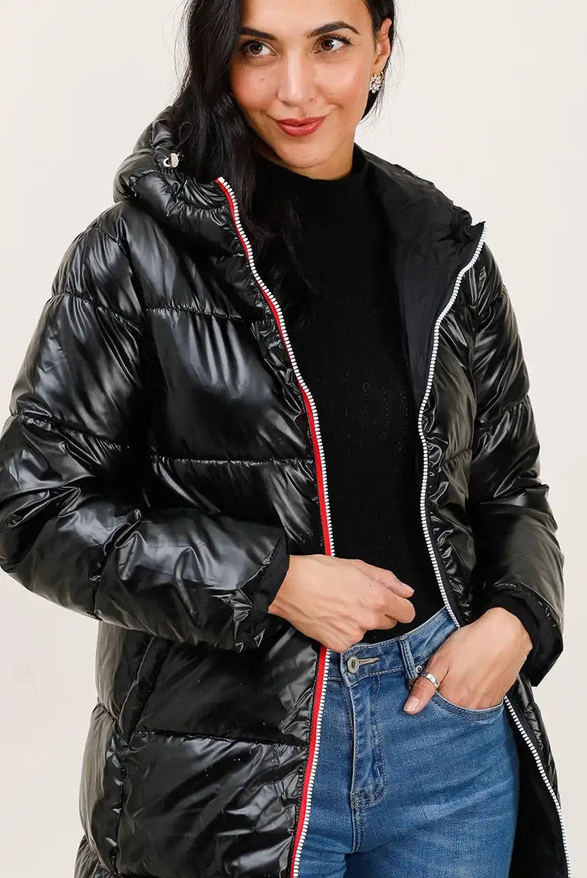 Abrigo Largo Reversible Mujer Negro con Capucha Cálido Ligero - CHICA del Sur