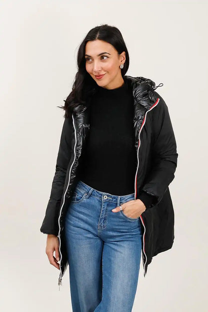 Abrigo Largo Reversible Mujer Negro con Capucha Cálido Ligero - CHICA del Sur