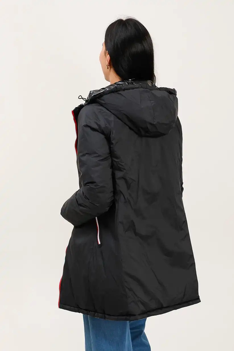 Abrigo Largo Reversible Mujer Negro con Capucha Cálido Ligero - CHICA del Sur