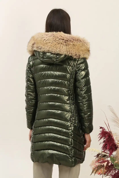 Abrigo Largo Mujer Verde Metalizado Acolchado con Capucha Pelo - CHICA del Sur