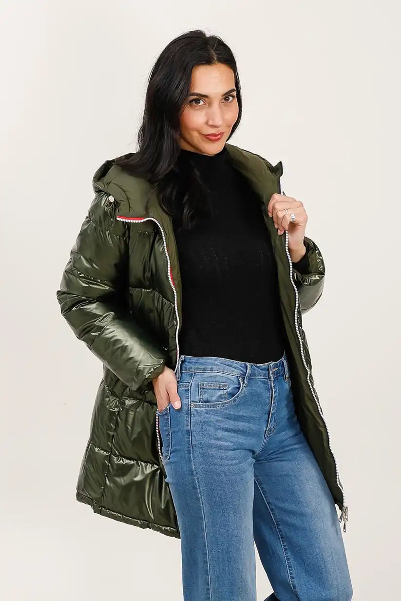 Abrigo Reversible Mujer Verde Caqui Invierno Largo con Capucha Cálido - CHICA del Sur