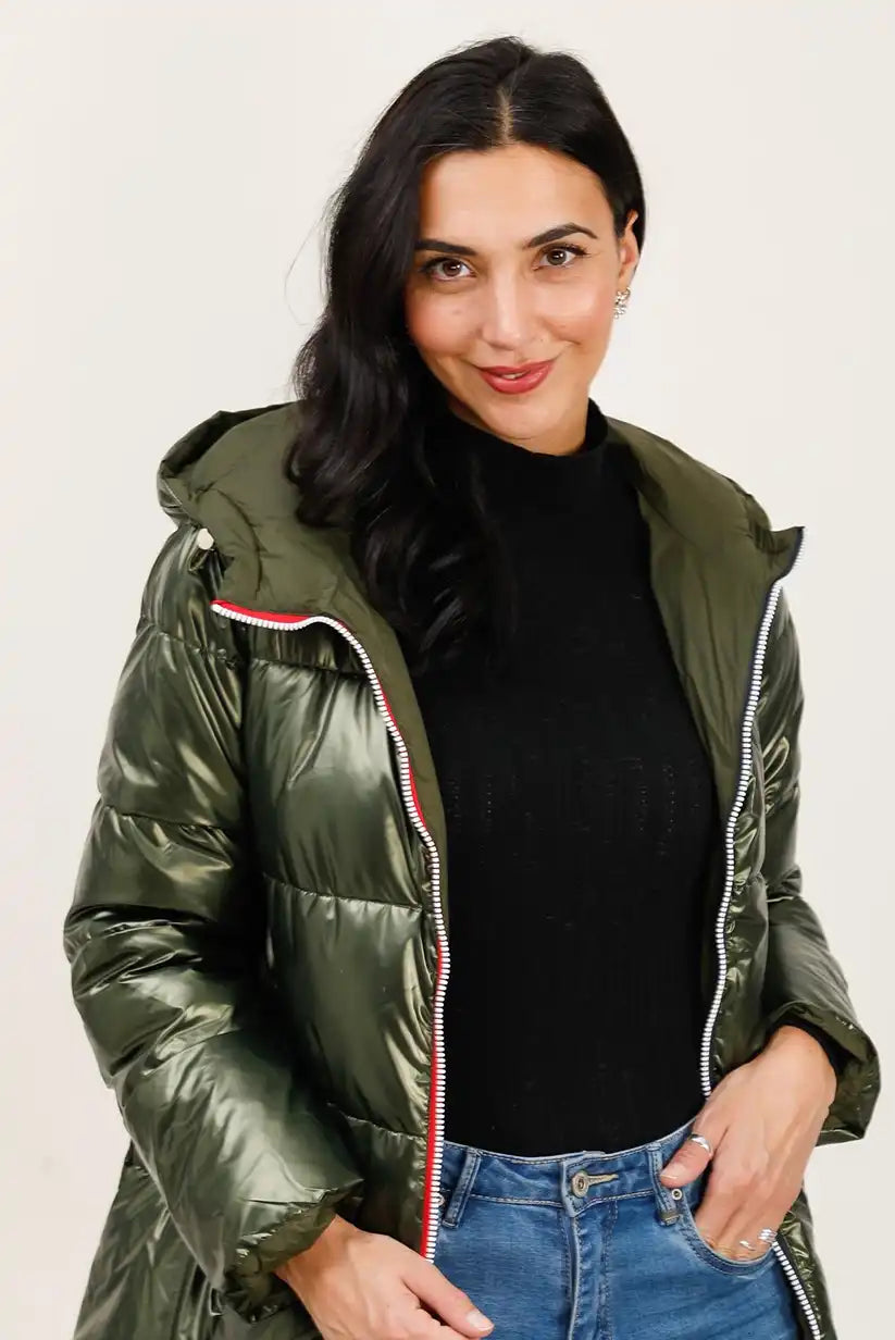 Abrigo Reversible Mujer Verde Caqui Invierno Largo con Capucha Cálido - CHICA del Sur