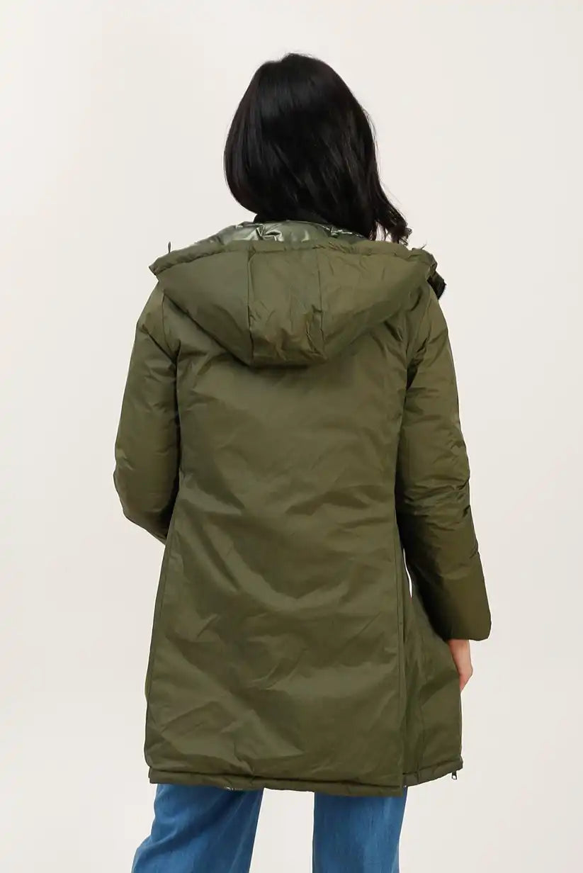 Abrigo Reversible Mujer Verde Caqui Invierno Largo con Capucha Cálido - CHICA del Sur