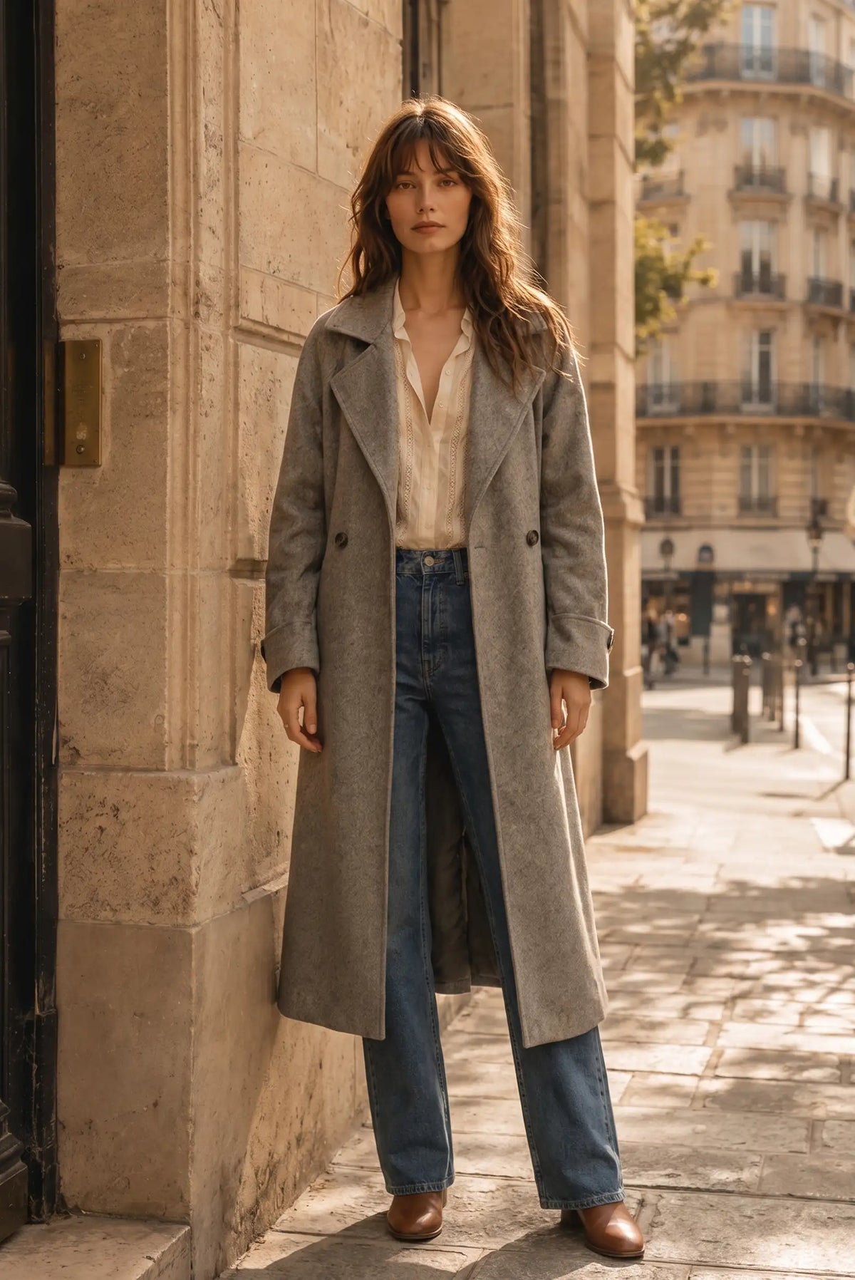 Mujer con abrigo largo gris, blusa blanca y vaqueros azules en una calle urbana.