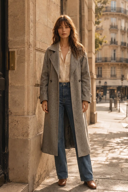 Mujer con abrigo largo gris, blusa blanca y vaqueros azules en una calle urbana.