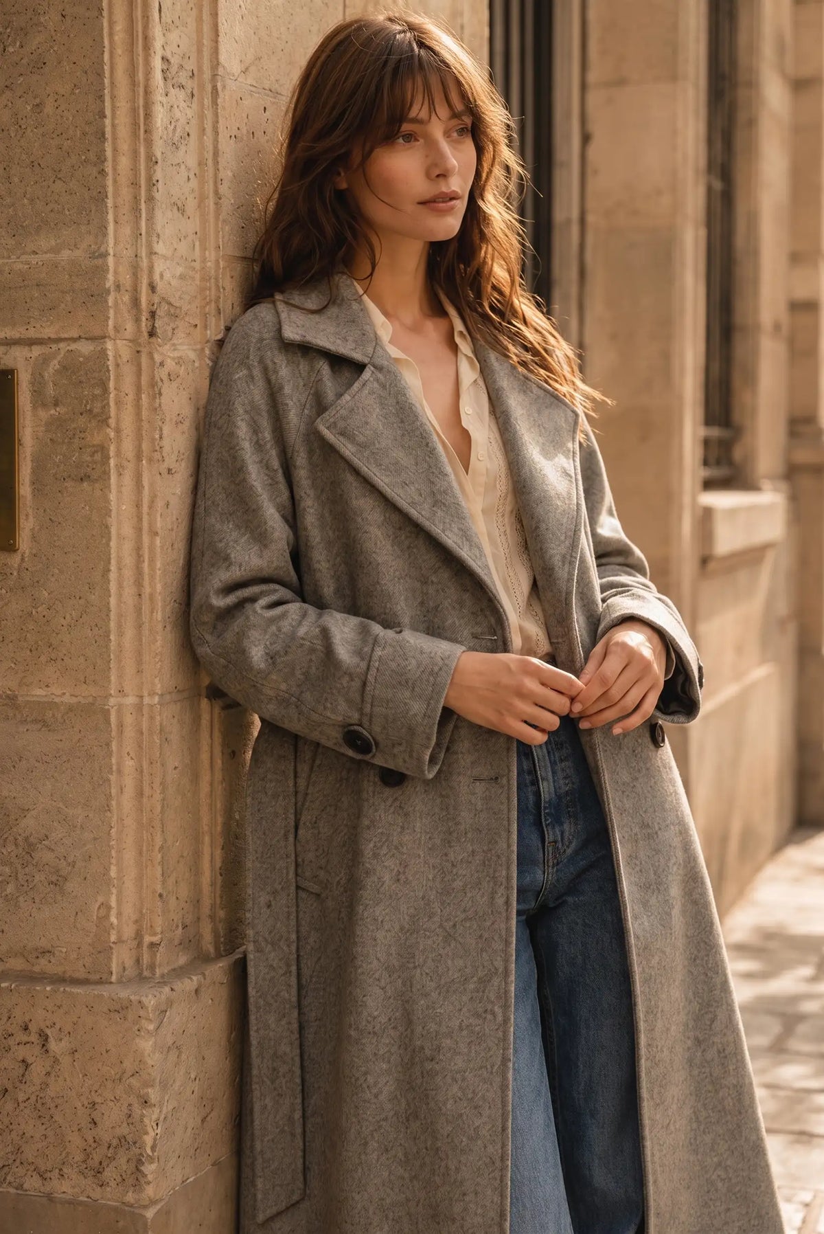 Mujer con abrigo largo gris, blusa beige y vaqueros apoyada en una pared de piedra.