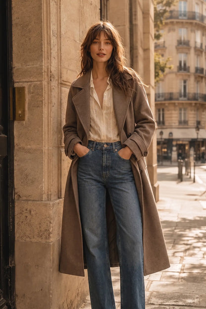 Mujer con abrigo largo marrón, blusa blanca y vaqueros azules en una calle europea.