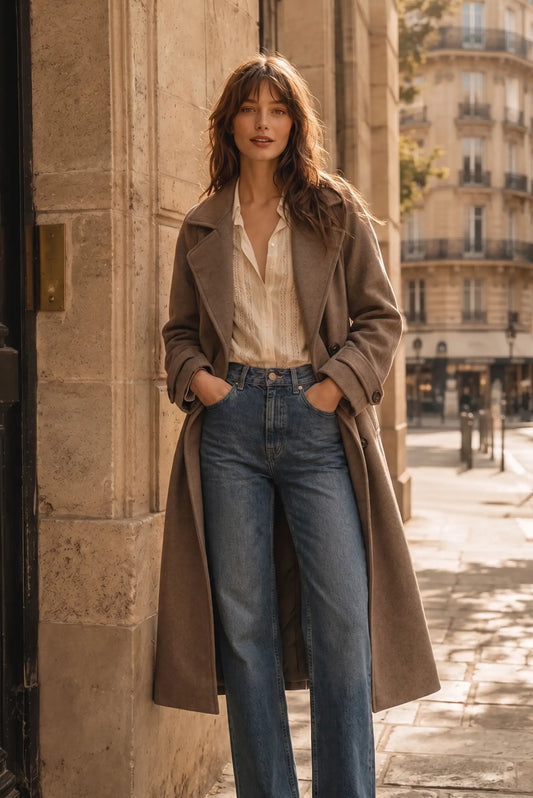 Mujer con abrigo largo marrón, blusa blanca y vaqueros azules en una calle europea.