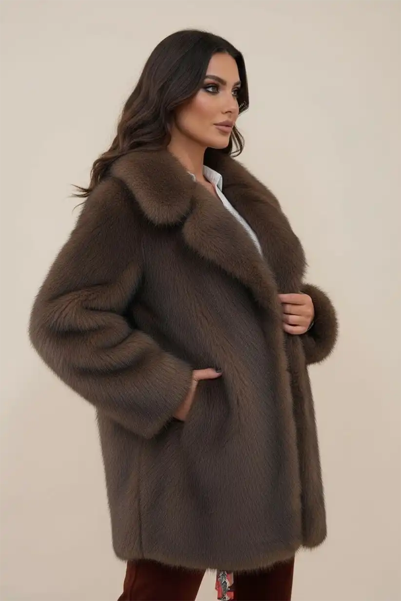Abrigo Pelo Sintético Mujer Marrón Chocolate Vegano Sin Crueldad