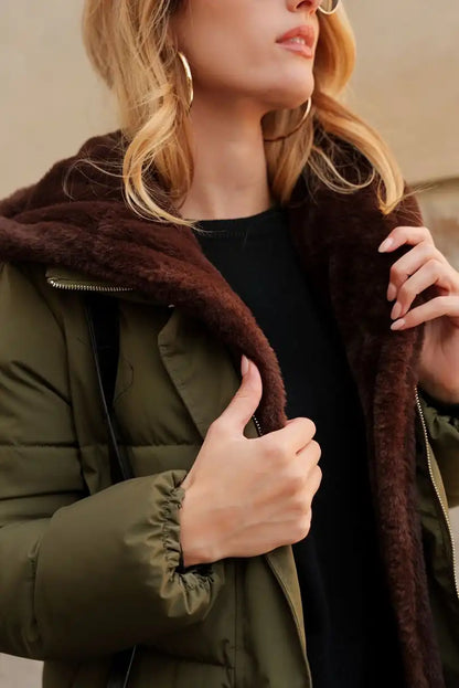 Abrigo Reversible Mujer Verde Kaki y Borreguito Marrón Cálido - CHICA del Sur