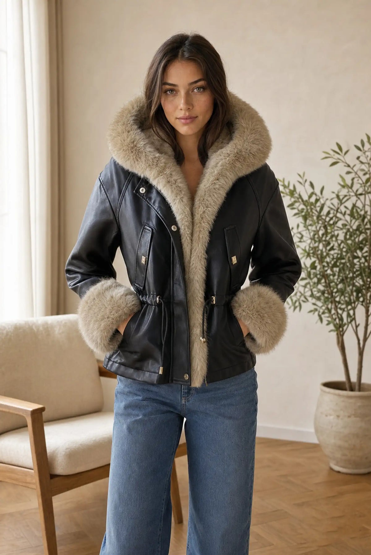 Mujer vistiendo chaqueta de efecto piel negra con capucha y puños de pelo beige de CHICA del Sur