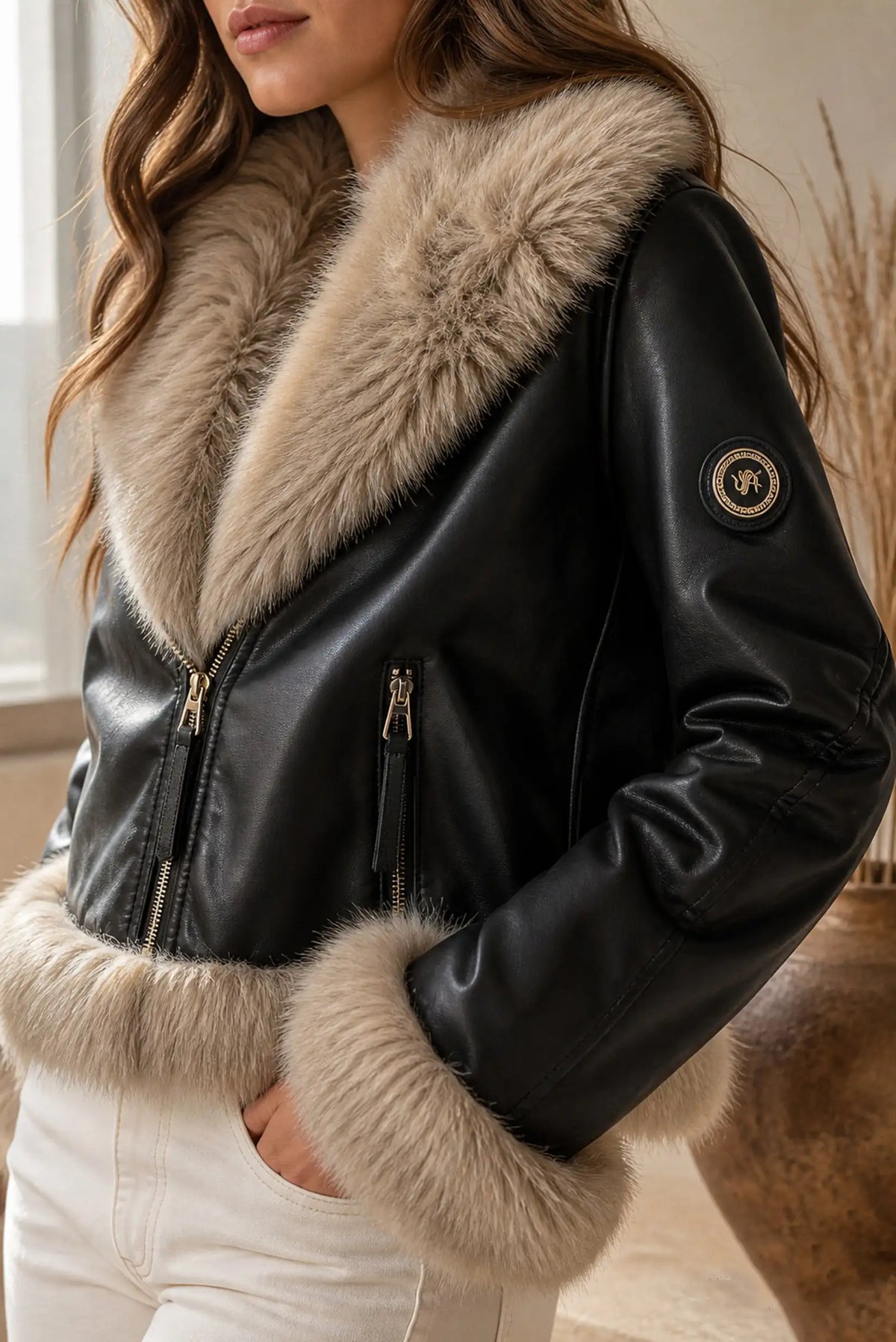 Chaqueta de mujer efecto piel negra con cuello y puños de pelo beige de CHICA del Sur.
