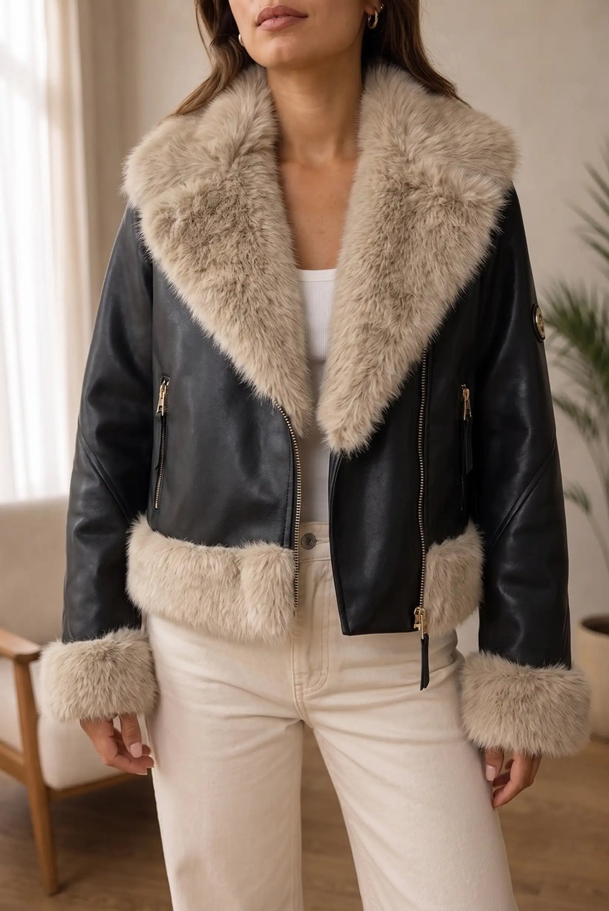 Cazadora de mujer efecto piel negra con cuello y puños de pelo sintético beige de CHICA del Sur