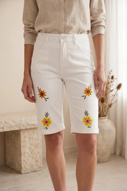 Bermuda Vaquera Blanca Bordada para Mujer