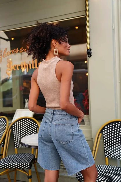Pantalón Bermuda Shorts Mujer Denim Azul Corte Recto Cintura Media Casual - CHICA del Sur