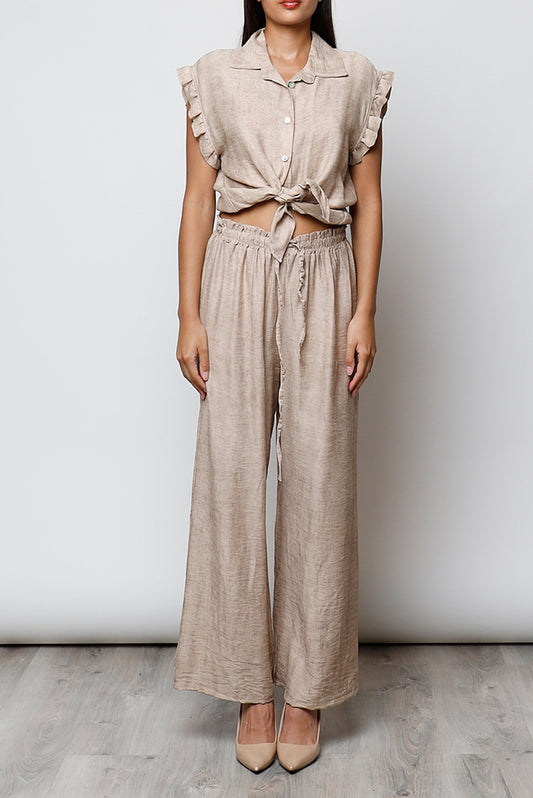 Blusa abotonada sin mangas camel con bordados - CHICA del Sur