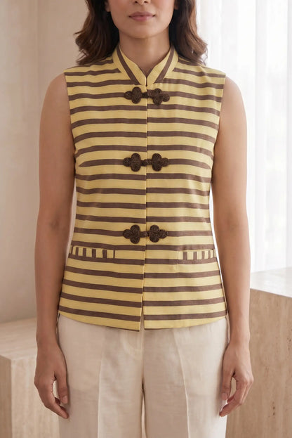 Blusa Chaleco de Lino y Algodón con Rayas Amarillas y Marrones para Mujer