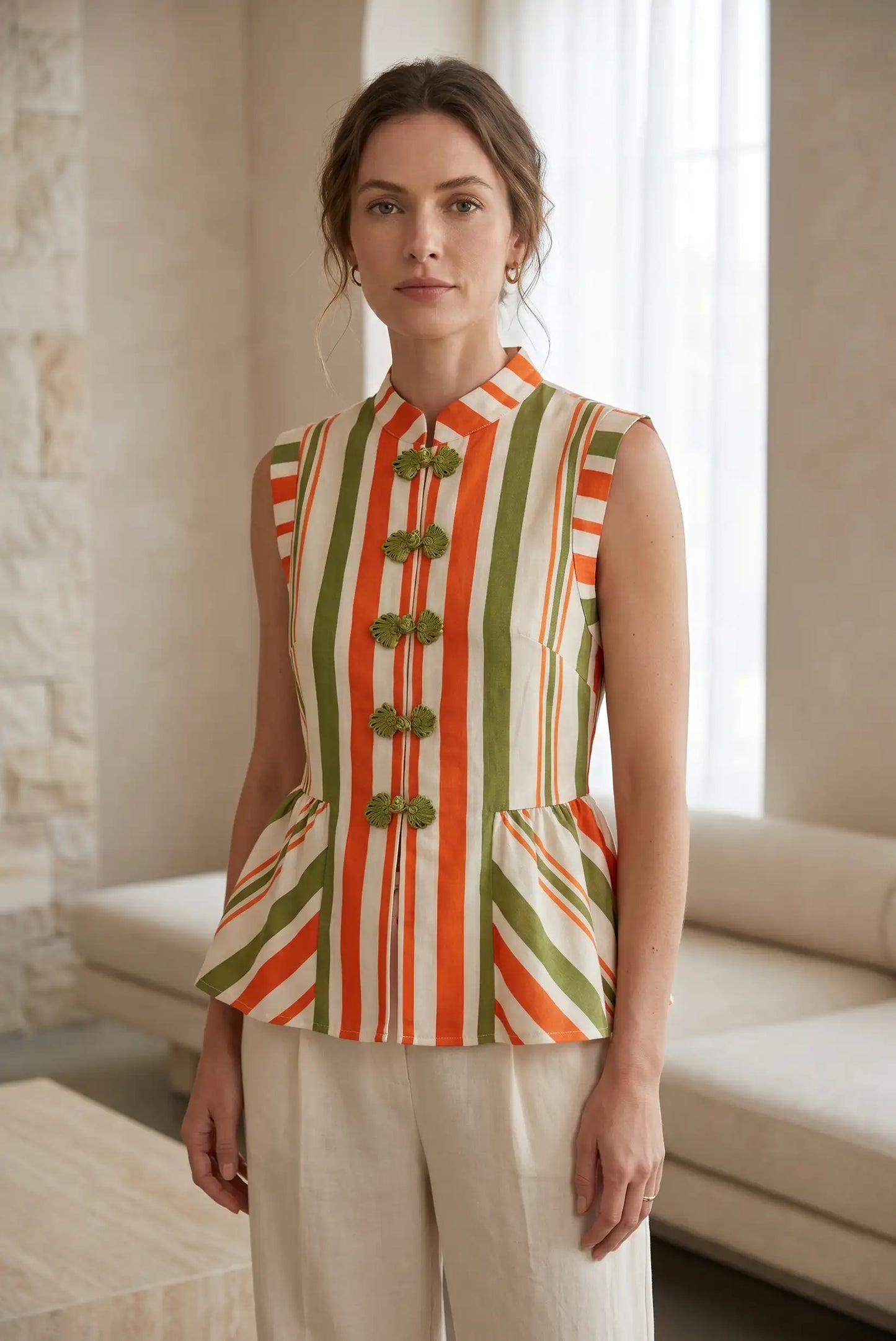 Blusa Chaleco de Rayas Naranja y Verde para Mujer