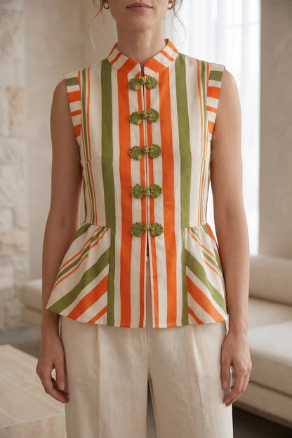 Blusa Chaleco de Rayas Naranja y Verde para Mujer