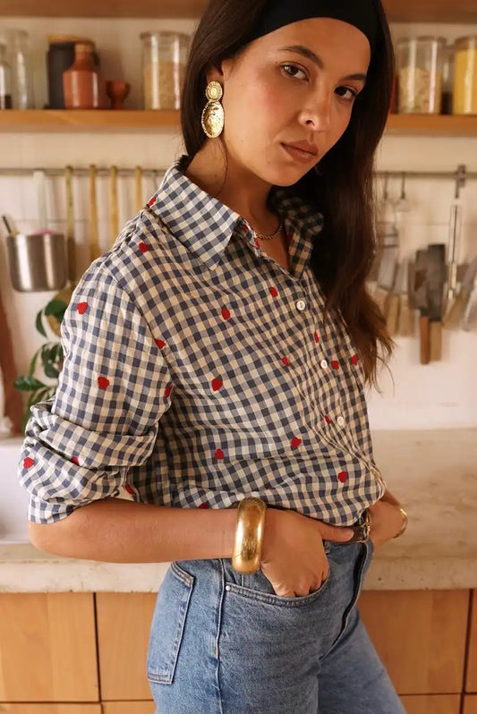Camisa Mujer Cuadros Azul Beige Corazones Algodón Manga Larga - CHICA del Sur