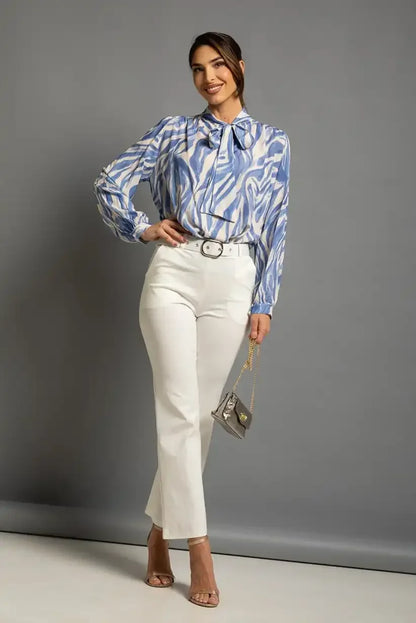 Blusa Mujer Azul Estampado Cebra con Lazo Cuello Elegante Chic - CHICA del Sur