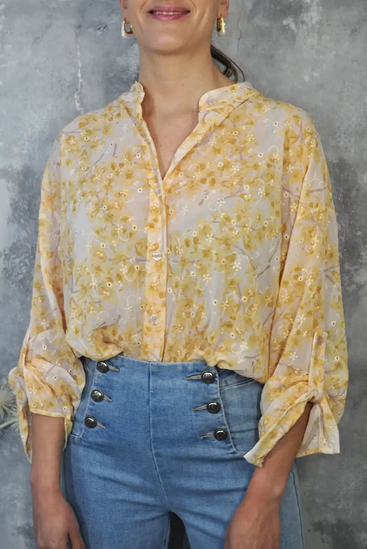 Blusa Estampado Floral Amarillo Mujer | Cuello Mao y Bordados Primavera 2025 - CHICA del Sur
