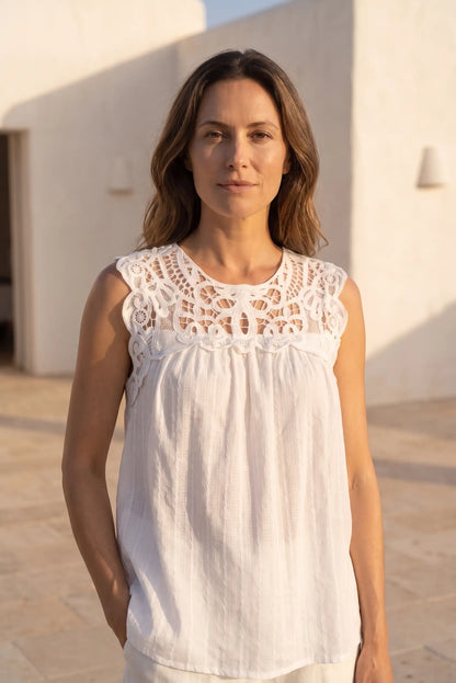 Blusa Blanca de Algodón con Encaje para Mujer