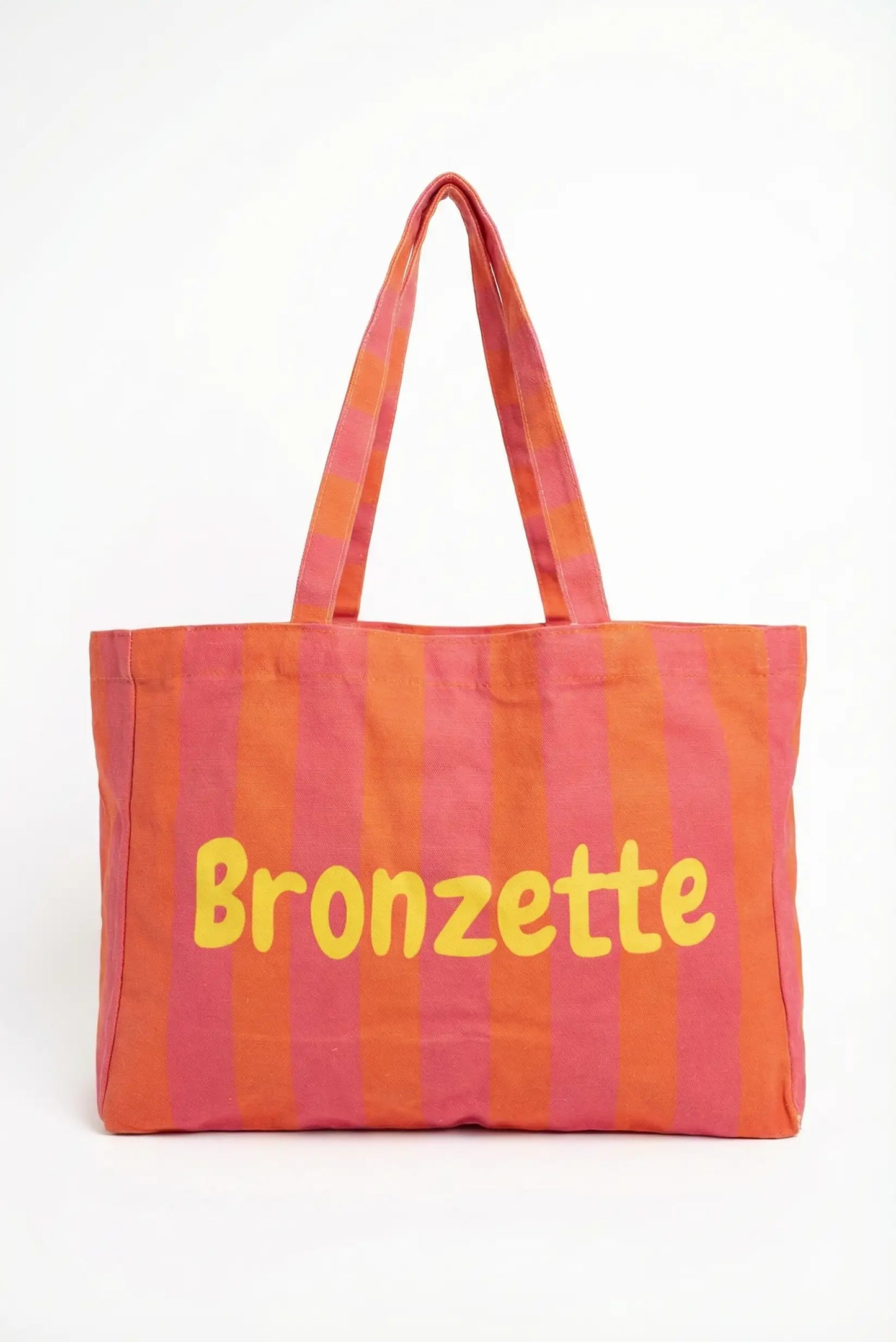 Bolsa de tela playa o piscina con rayas rojas y naranjas, texto Bronzette en amarillo