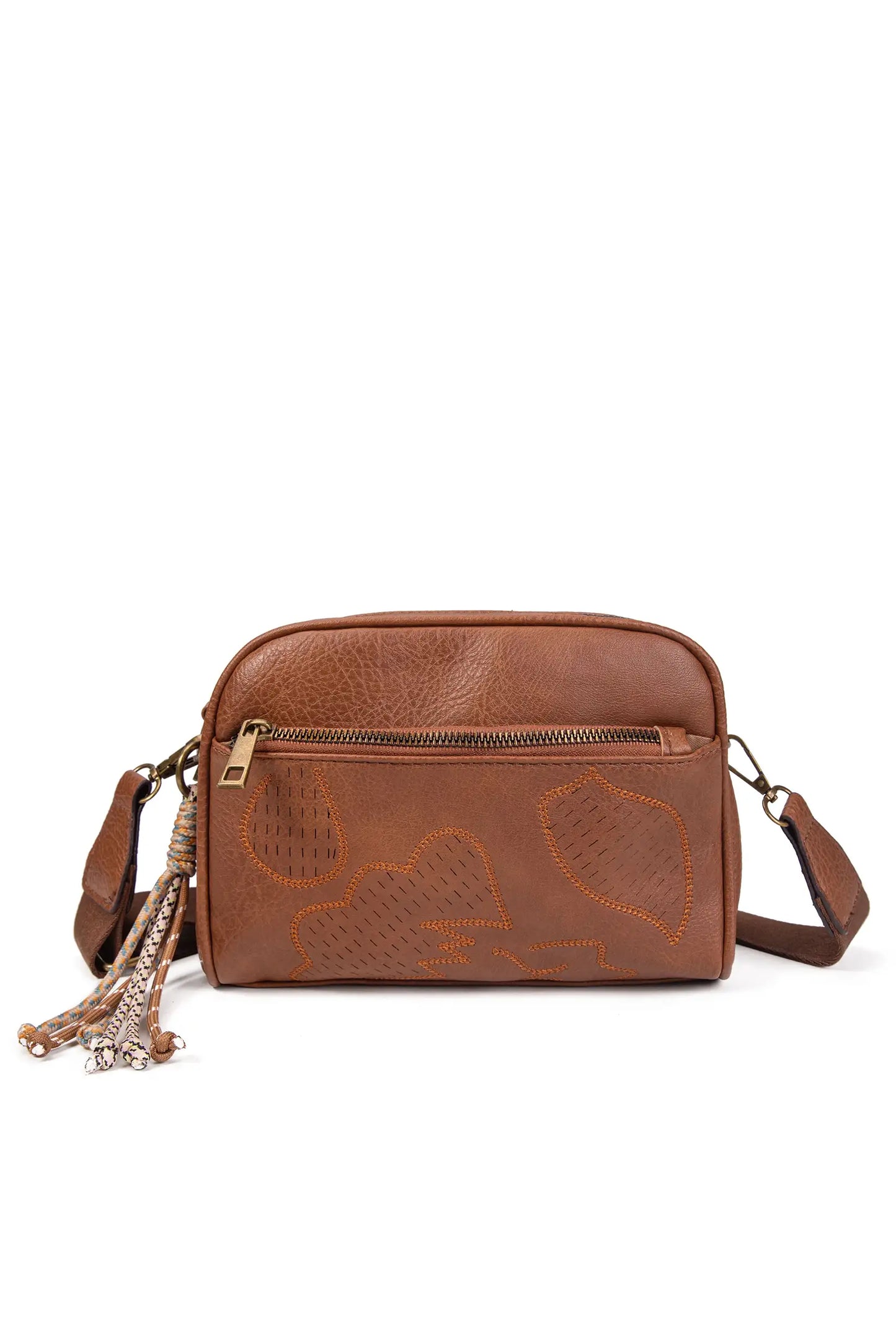 Bolso cruzado marrón con estampado de hojas y flecos, ideal para moda femenina y complementos