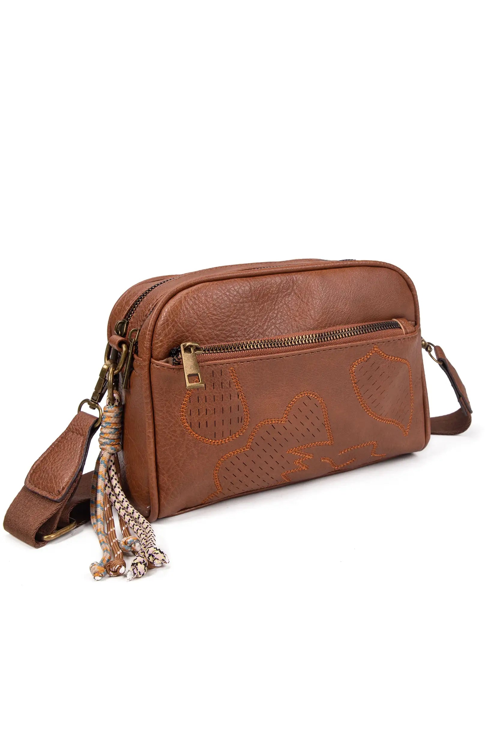 Bolso cruzado marrón con estampado geométrico y flecos, ideal para moda femenina y complementos