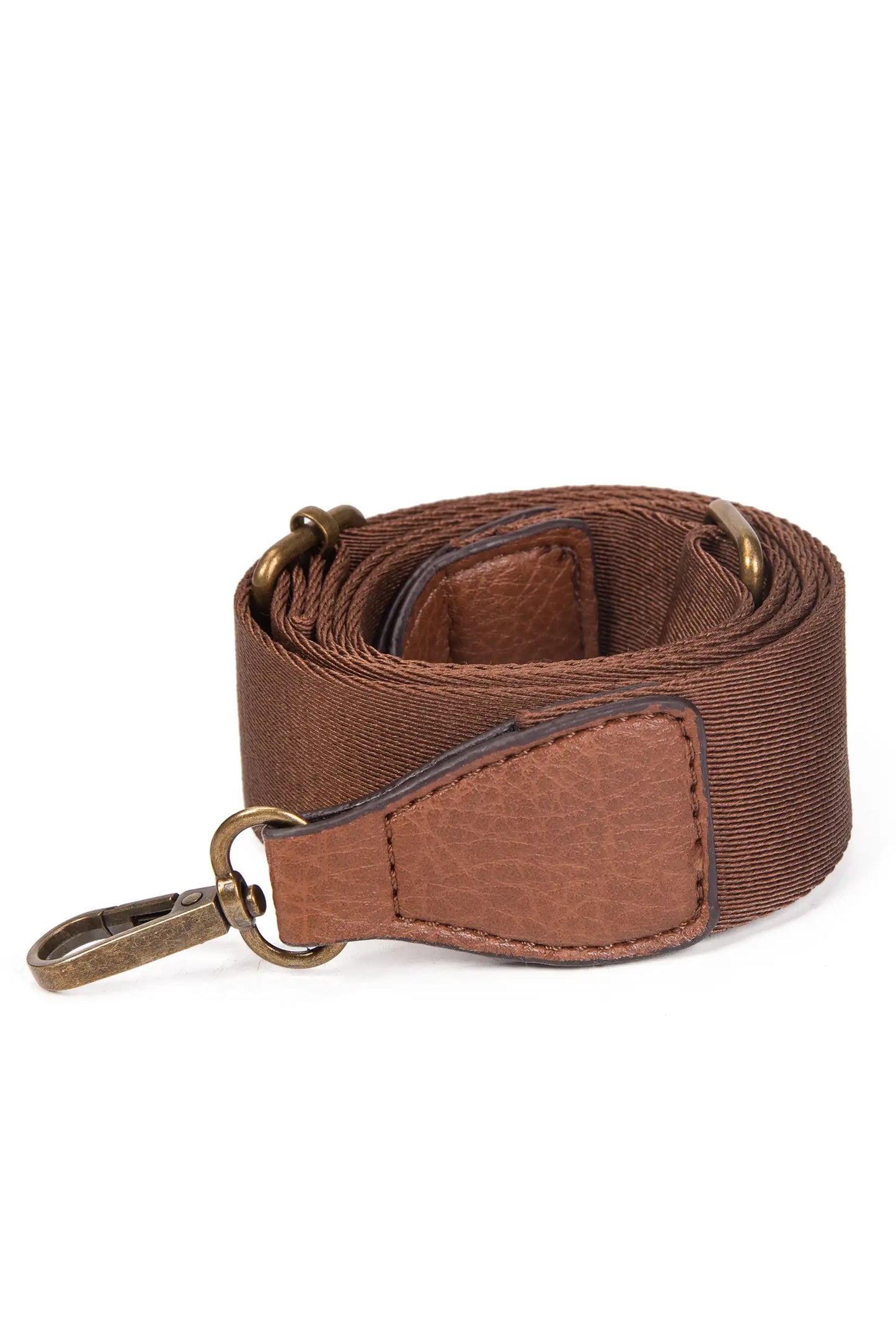 Correa de bolsa marrón con detalles en cuero y metal dorado, ideal para complementos femeninos