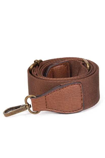 Correa de bolsa marrón con detalles en cuero y metal dorado, ideal para complementos femeninos