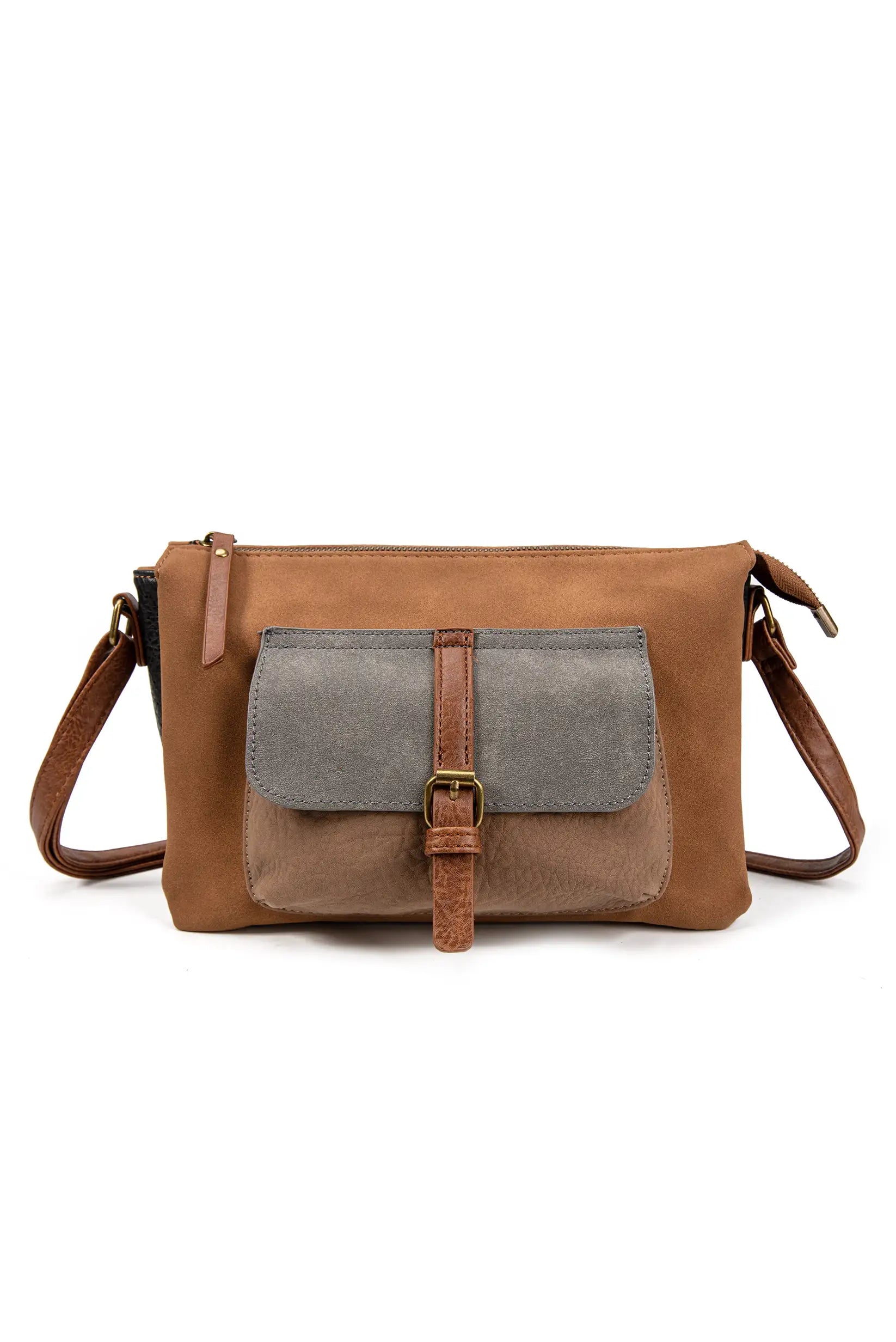 Bolso bandolera marrón con detalles grises y hebilla, ideal para moda femenina y complementos diarios.
