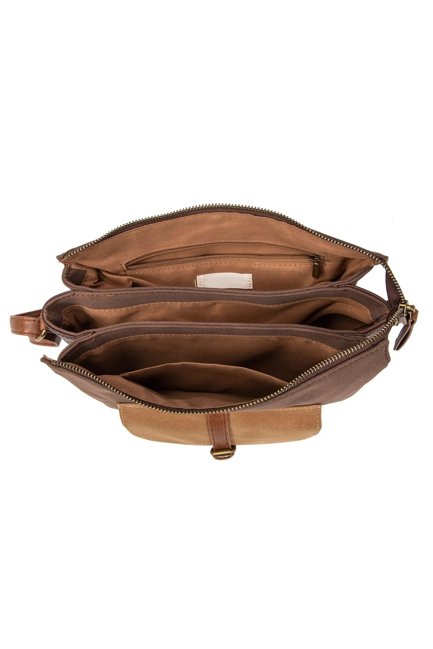 Bolso marrón con múltiples compartimentos y cremalleras, ideal para mujer